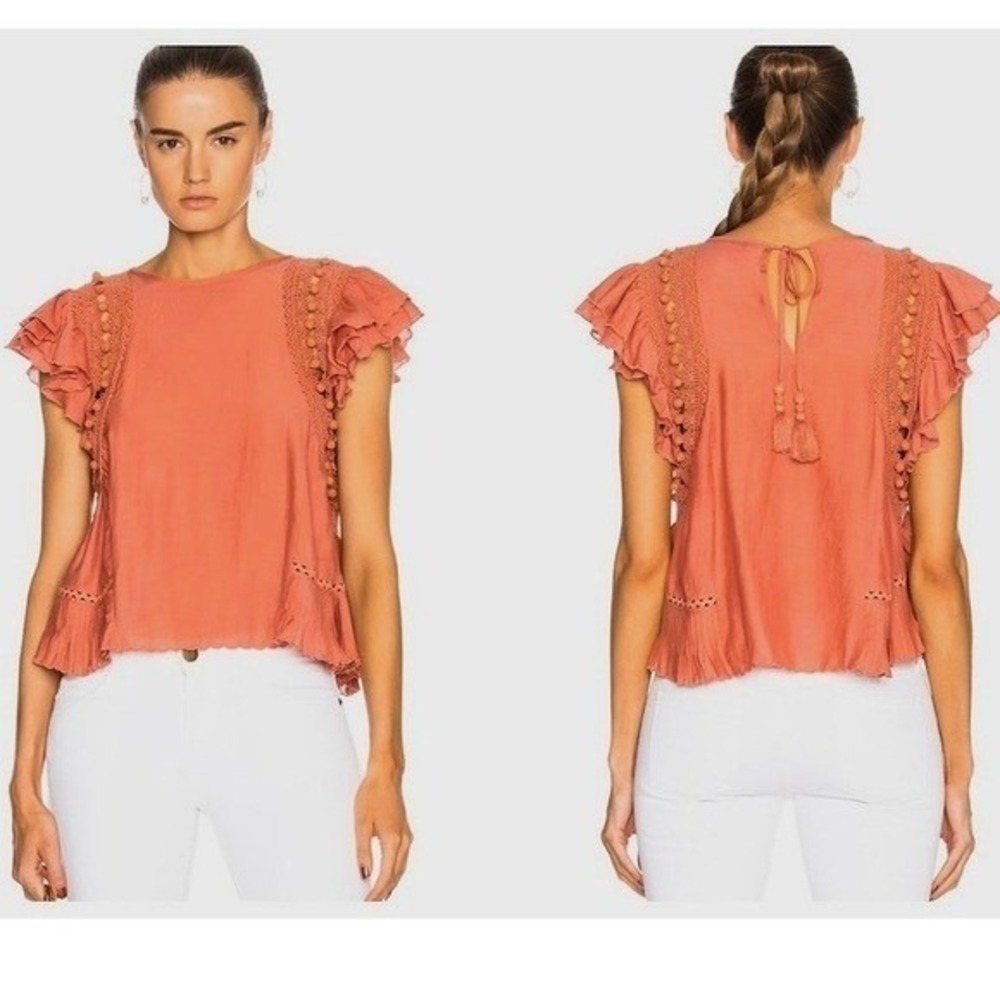 SEA NEW YORK Khloe Pom Pom‎ Top Blouse Womens 2 Salmon Crochet Boho Chic